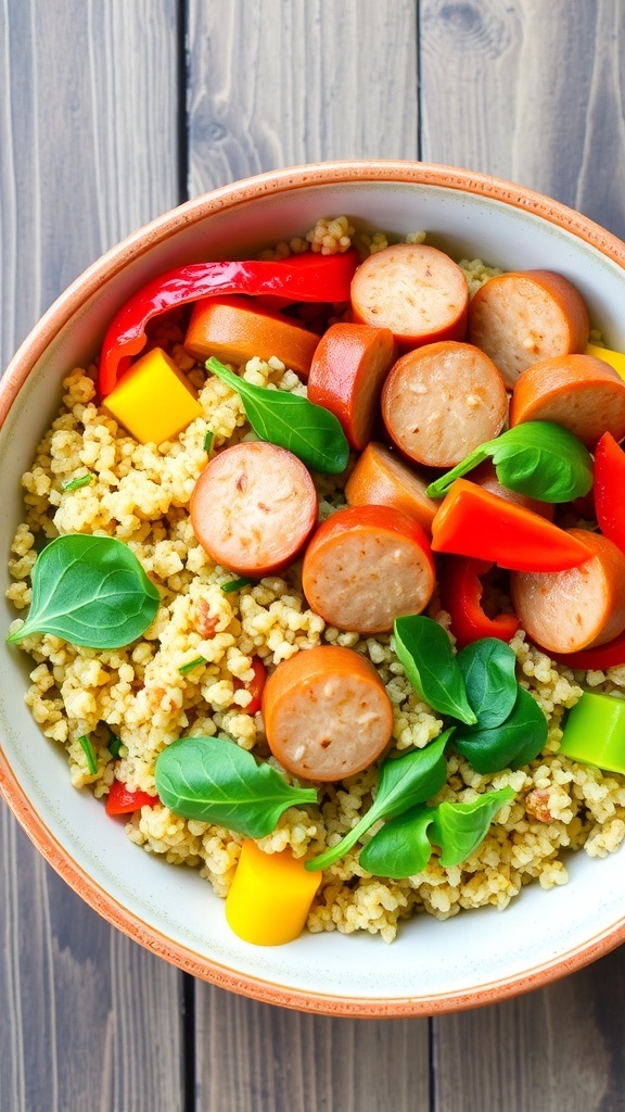 A colorful quinoa bowl with chicken sausage, bell peppers, and spinach, garnished with parsley on a wooden table.